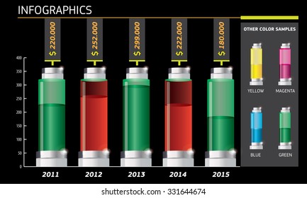 Infographics sample with different color liquid icons.