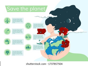 Infographics Save the planet. Woman hugs the planet. Vector graphics.