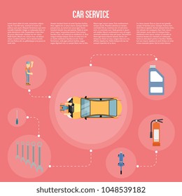 Infographics of scene presents workers in car service tire service and car repair vector illustration