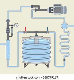 Infographics scheme with liquid, water tank, motor and pipes. Vector illustration