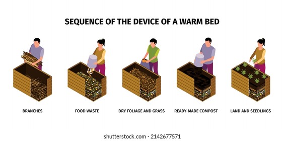 Infographics sequence of device of warm bed for fertile land and seedlings isometric vector illustration