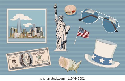 Infographics set American style, travel to America. Vector illustration