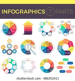 Infographics set. Circular charts, diagrams with 7 steps, options, parts. Vector templates.