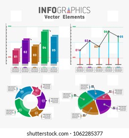 Infographics set with color elements. Bar and line charts, circle diagram, process diagram.  Blue, green, red, violet and orange diagram. Collection of charts for business. Vector information graphic.