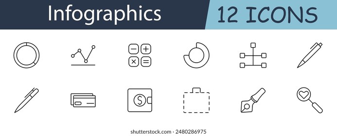 Infographics set icon. Pie chart, line graph, calculator, pen, wallet, suitcase, network, magnifying glass, heart. Data visualization, financial analysis, business presentation concept.