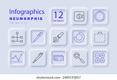 Icono de conjunto de infografías. Cartera, bolígrafo, pluma estilográfica, gráfico circular, maletín, red, datos, gráfico, finanzas, herramientas de escritura, material de oficina, presentación, análisis, información, estadísticas, datos visuales.