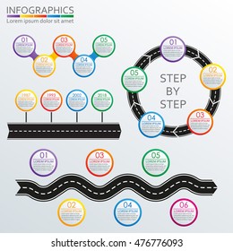 Infographics set. Road in shape of arrow with steps, options or levels. Vector illustration.