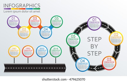 Infographics set. Road in shape of arrow with steps, options or levels. Vector illustration.
