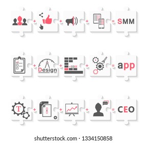 Infographics set of schemes in the form of puzzles - stock. Stages of development app, seo and smm.