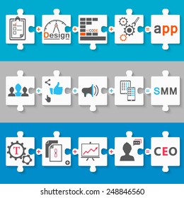 Infographics set of schemes in the form of puzzles - stock vector. Stages of development app, seo and smm.