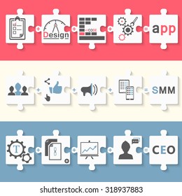 Infographics set of schemes in the form of puzzles - stock vector. Stages of development app, seo and smm.