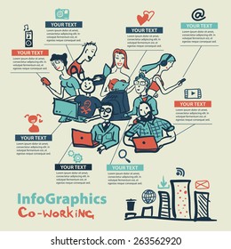 Infographics set in the style of a sketch of the global Internet users and coworking