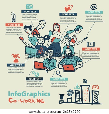 Infographics set in the style of a sketch of the global Internet users and coworking