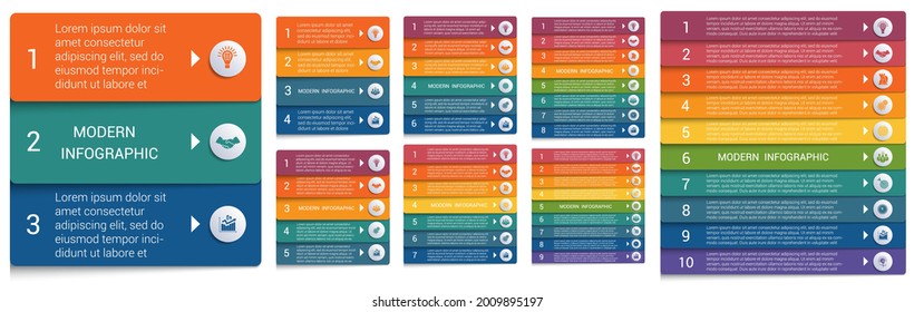 Infographics. Set of universal templates for infographic. Colorful horizontal stripes, buttons with icons. For business presentations and other options.