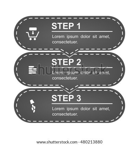 Infographics of shopping online. Three steps are drawn in modern - retro - material design. Contains flat icons (add goods to cart, filling credentials, payment). Isolated vector.