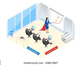 Infographics showing the process of business consulting and training. Office interior in isometric view.
