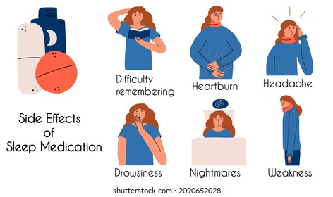 Infographics of side effects from new drugs. The girl suffers from heartburn, headache, weakness. Vector hand drawing illustration.