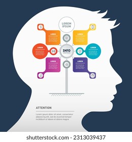 Infographics with silhouette of a human head. The mind map. Presentation with 6 parts and icons.