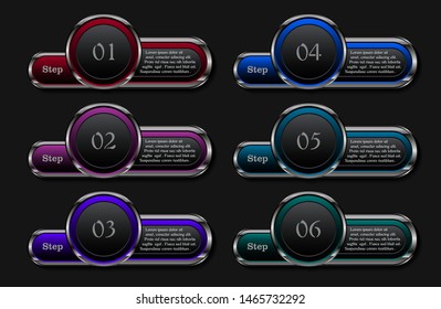 Infographics six steps metallic frame banner buttons