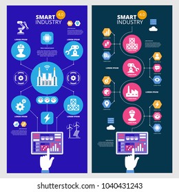 Infographics Smart industry 4.0. Artificial intelligence. Automation and user interface concept. User connecting with a tablet and exchanging data with a cyber-physical system. Set of vector banners. 