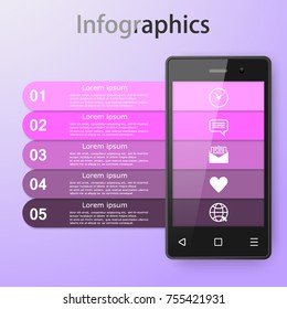 Infographics with a smartphone. Vector. Business concept with five steps, parts or processes.