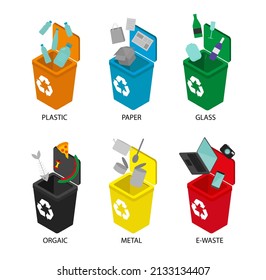 Infographics. Sorting various garbage into containers. Demonstration of the distribution of waste in tanks for processing. Vector illustration in isometry.
