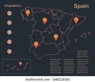 Infographics Spain map outline, flat design, color blue orange vector