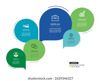 Infographics speech bubbles timeline with 6 number data template. Illustration abstract background.