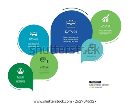 Infographics speech bubbles timeline with 6 number data template. Illustration abstract background.