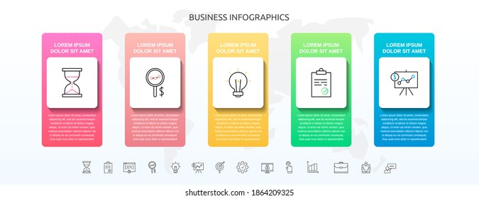 Infographics square with 5 steps, icons. Vector template used for diagram, business, web, workflow layout, presentations, flowchart, info graph, timeline, content, levels, chart, processes diagram