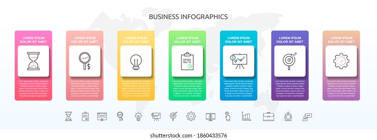 Infographics square with seven steps, icons. Vector template used for diagram, business, web, banner, workflow layout, flowchart, info graph, timeline, content, levels, chart, processes diagram