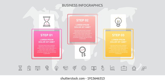 Infographics squares with three steps, icons. Vector template used for diagram, business, banner, workflow layout, presentations, flowchart, info graph, timeline, content, levels, processes diagram