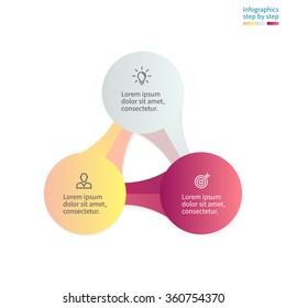 Infografía paso a paso con 3 elementos conectados. Diagrama, gráfico, gráfico con 3 pasos, opciones, piezas, procesos.
