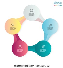 Infographics step by step with 5 connected elements. Diagram, chart, graph with 5 steps, options, parts, processes.