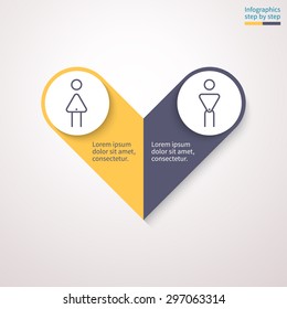 Infographics step by step. Abstract arrow in the form of heart with 2 steps, options, parts, processes. Vector template for presentation and training.