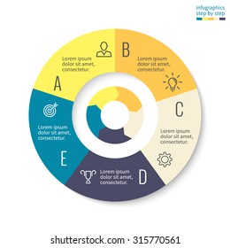 Infographics step by step. Abstract pie chart, graph, diagram with 5 steps, options, parts, processes with arrows. Vector template for presentation and training.