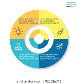 Infographics Step By Step. Abstract Pie Chart, Graph, Diagram With 4 Steps, Options, Parts, Processes With Arrows. Vector Business Template For Presentation And Training.