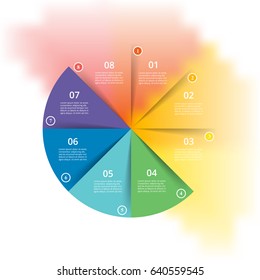 Infographics step by step with blur background. Universal abstract element of chart, graph, diagram with 8 steps, options, parts, processes. Round business template for presentation and training.