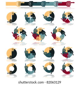 Infographics step by step business management template for presentation with hand arrow. Set of flat circle pie charts with 2, 3, 4, 5, 6 steps, options, parts, processes. Isolated on white