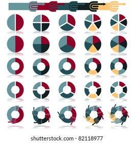 Infographics step by step business management template for presentation with hand arrow. Set of flat circle pie charts with 2, 3, 4, 5, 6 steps, options, parts, processes. Isolated on white, vector