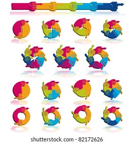 Infographics step by step business management template for presentation with hand arrow. Set of flat 3d pie charts with 2, 3, 4, 5, 6 steps, options, parts, processes. Isolated on white, vector
