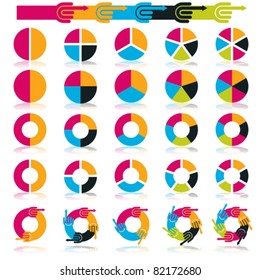 Infographics step by step business management template for presentation with hand arrow. Set of flat circle pie charts with 2, 3, 4, 5, 6 steps, options, parts, processes. Isolated on white, vector