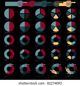 Infographics step by step business management template for presentation with hand arrow. Set of flat circle pie charts with 2, 3, 4, 5, 6 steps, options, parts, processes, vector