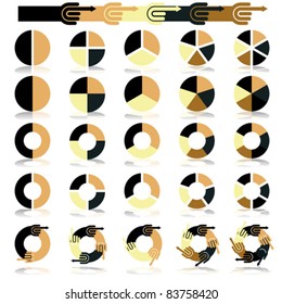Infographics step by step business management template for presentation with hand arrow. Set of flat circle pie charts with 2, 3, 4, 5, 6 steps, options, parts, processes. Isolated on white,.