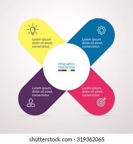 Infographics step by step. Chart, graph, diagram with 4 steps, options, parts, processes with petals. Vector business template for presentation and training.