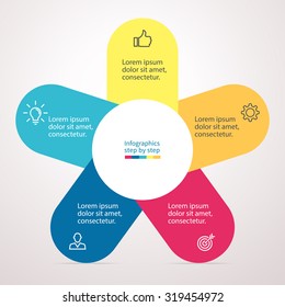 Infographics step by step. Chart, graph, diagram with 5 steps, options, parts, processes with petals. Vector business template for presentation and training.