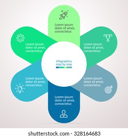 Infographics step by step. Chart, graph, diagram with 6 steps, options, parts, processes with blue and green petals. Vector business template for presentation and training.