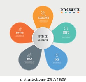 Infographics step by step with colored petals. Diagram, chart with 5 steps, options. Vector business template in cream and orange, blue for presentation.