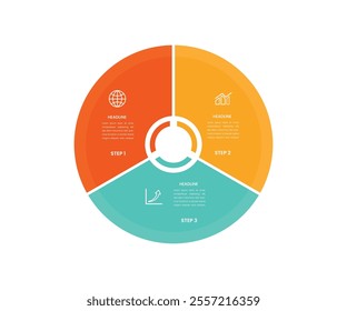 Infographics step by step with colored sections. Flat pie chart with 3 steps, options, parts