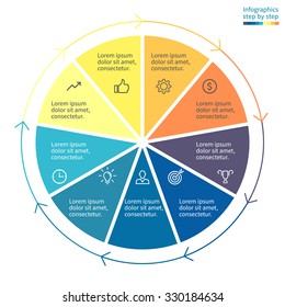 Infographics step by step with colored sections. Flat pie chart with 9 steps, options, parts, processes with arrows. Vector business template in blue and yellow for presentation and training.